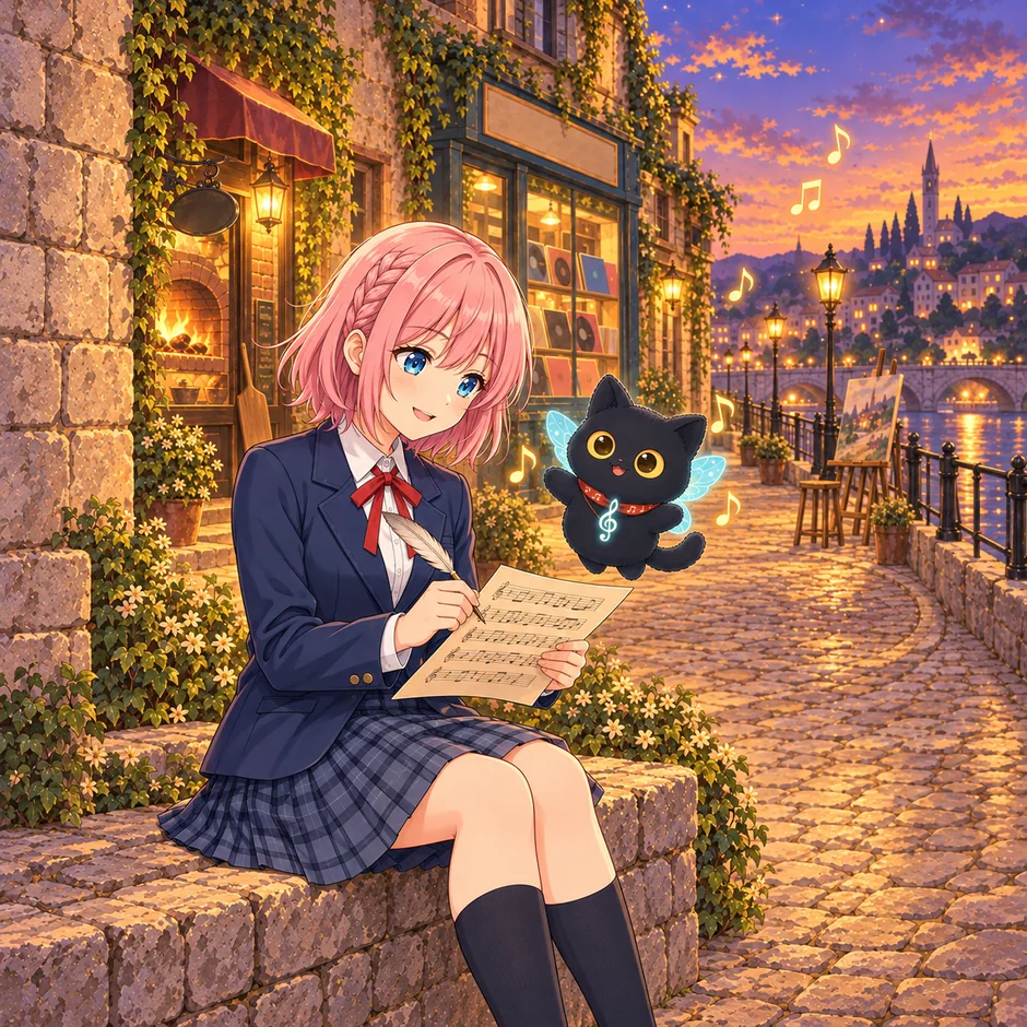 A pink-haired music student writes a song on a stone wall at dusk, her winged black cat beside her. Behind them: a pizzeria, a record shop and a painter’s easel by the river.